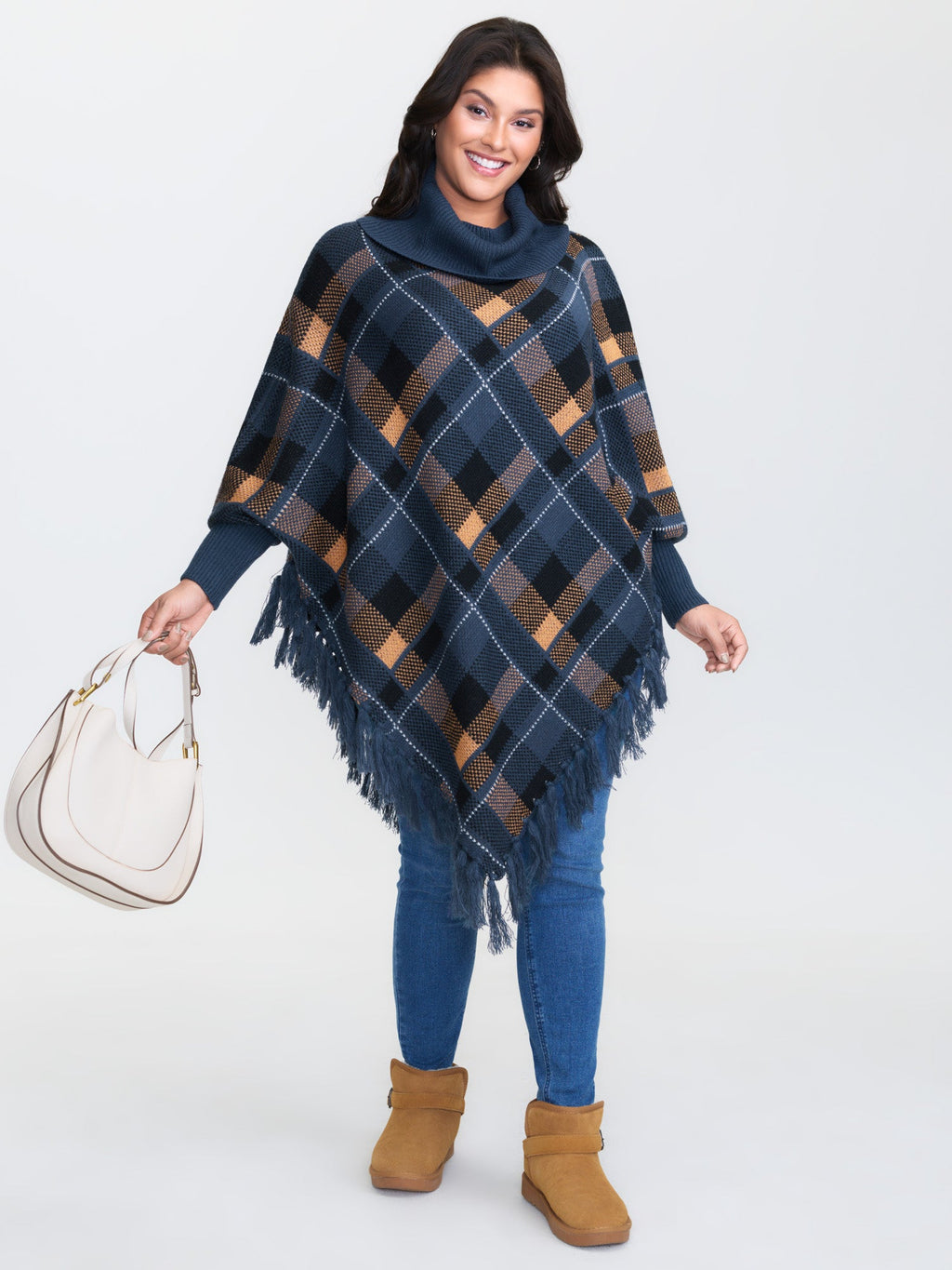Holiday Plaid Turtleneck Fringe Hem Pullover