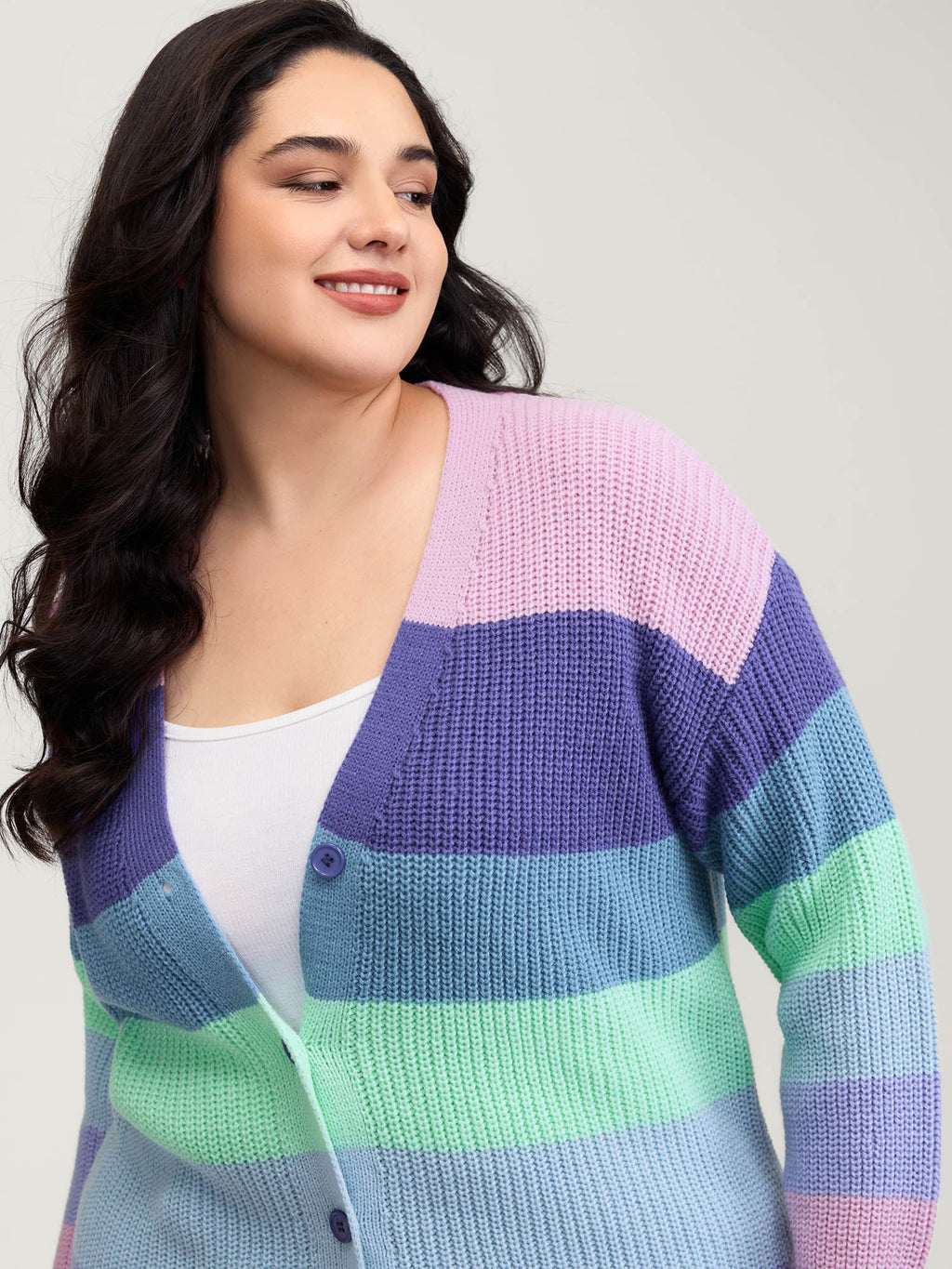 Colorblock Contrast Texture Button Cardigan