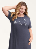 Happy Cat Print Stretchy Contrast Sleep Dress