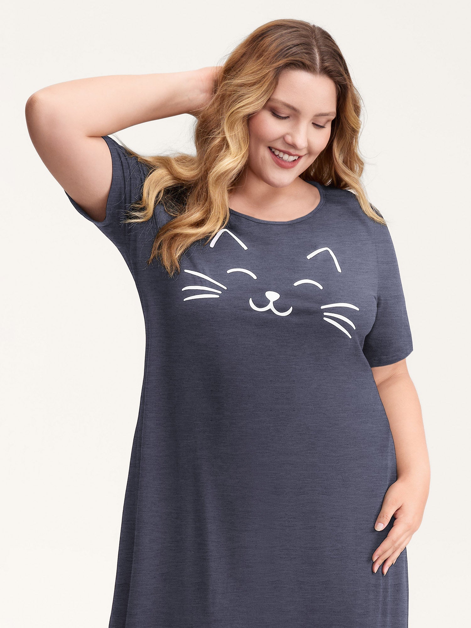 Happy Cat Print Stretchy Contrast Sleep Dress