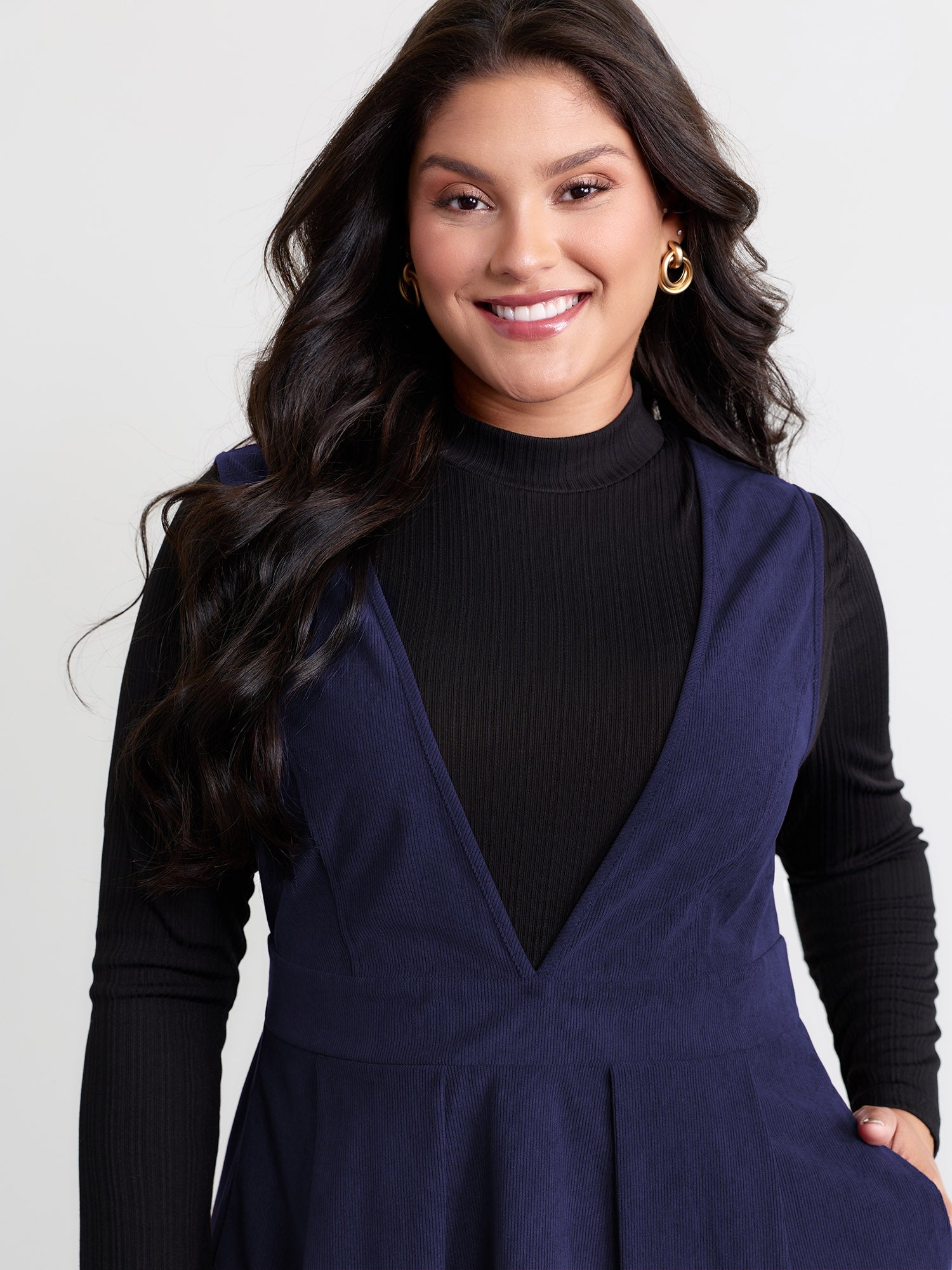 Corduroy Stretchy Waist V-Neck Midi Dress