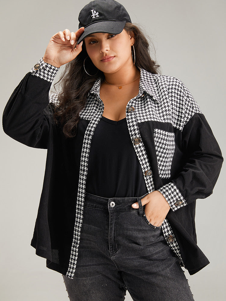 Houndstooth Patchwork Pocket Button Through Corduroy Coat