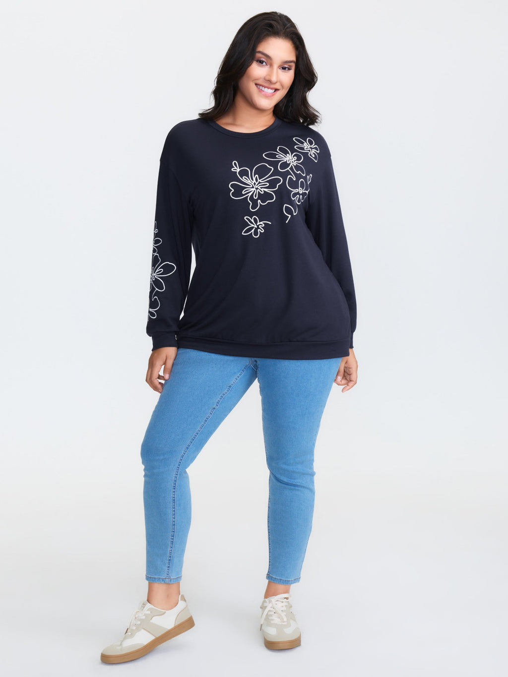 Floral Embroidery Print Relaxed Fit Sweatshirt