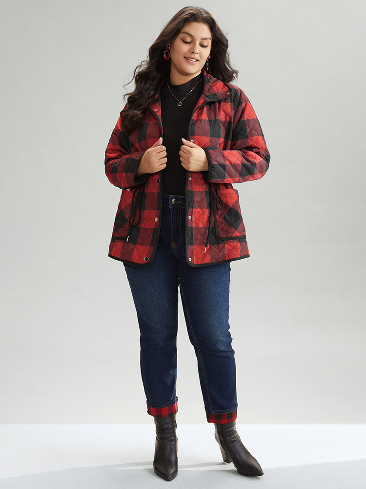Plaid Contrast Trim Drawstring Button Through Coat