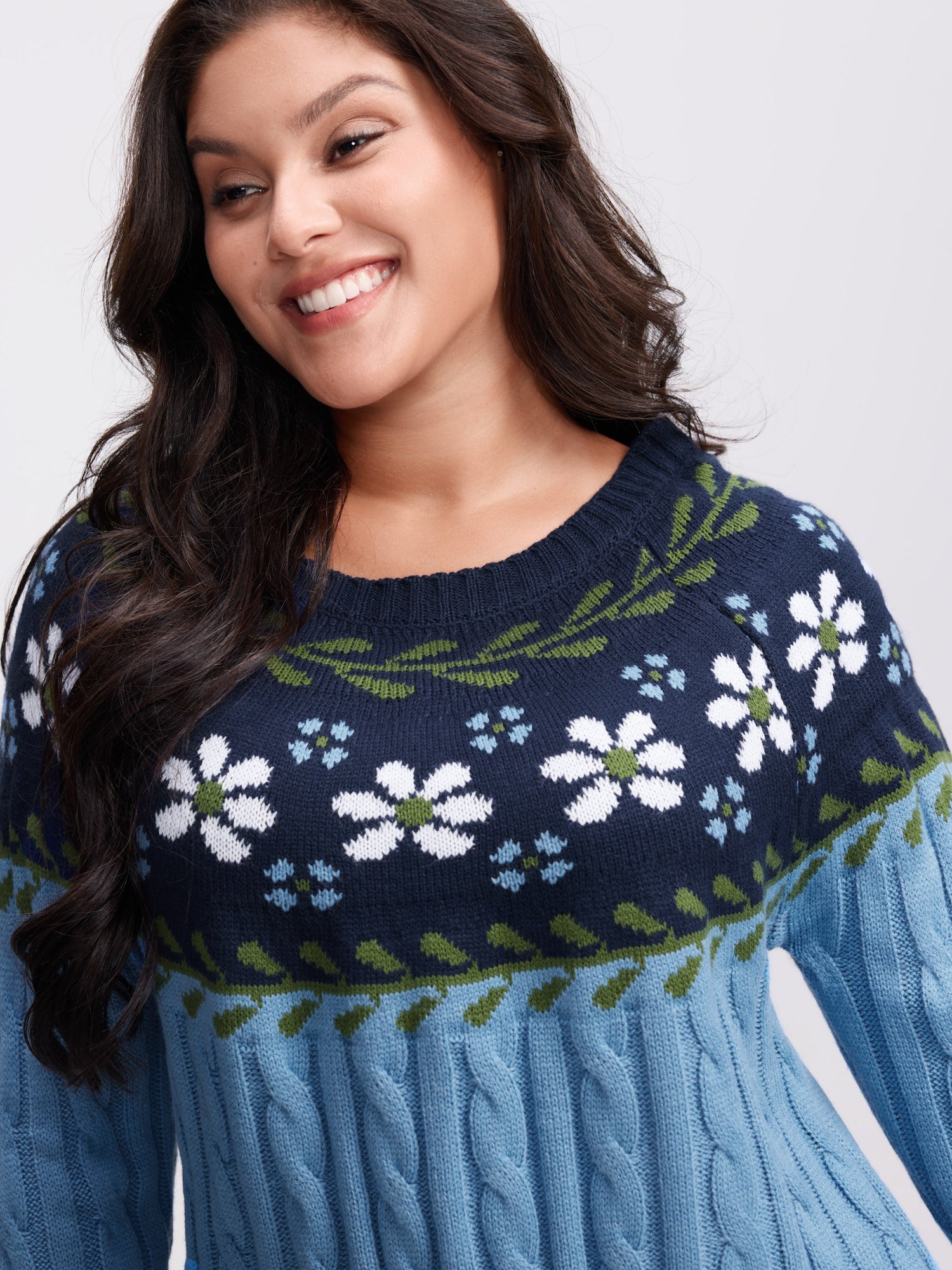 Cable Knit Jacquard Floral Contrast Pullover