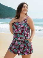 Tropical Flower Print Pockets One-Piece Swimsuit