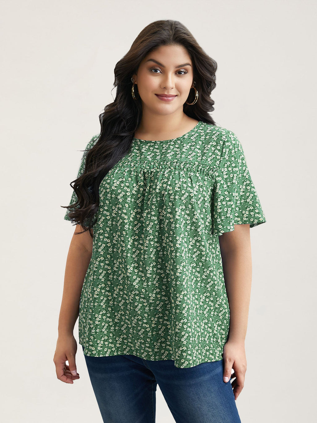 Floral Ruffle Sleeve Gathered Round Neck Blouse