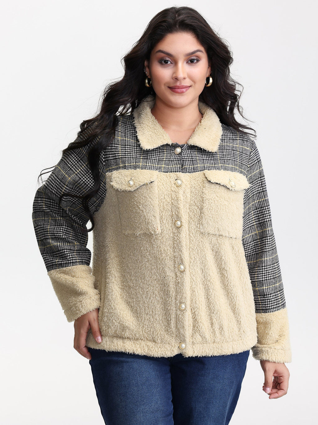 Plush Patchwork Patch Pockets Jacket