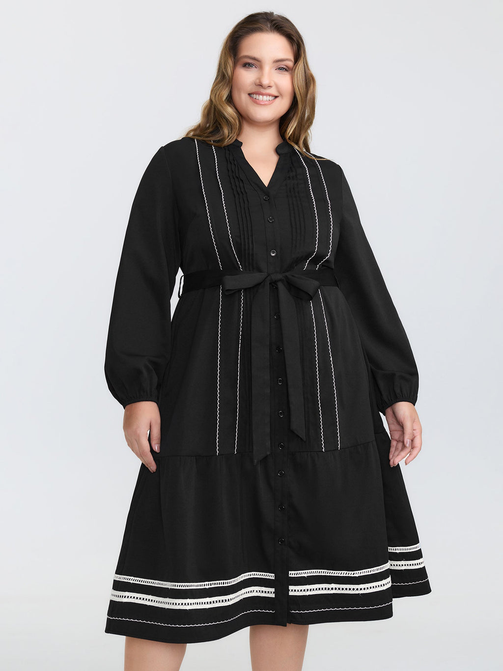 Button Front Belted Stitch Detail Midi Dress