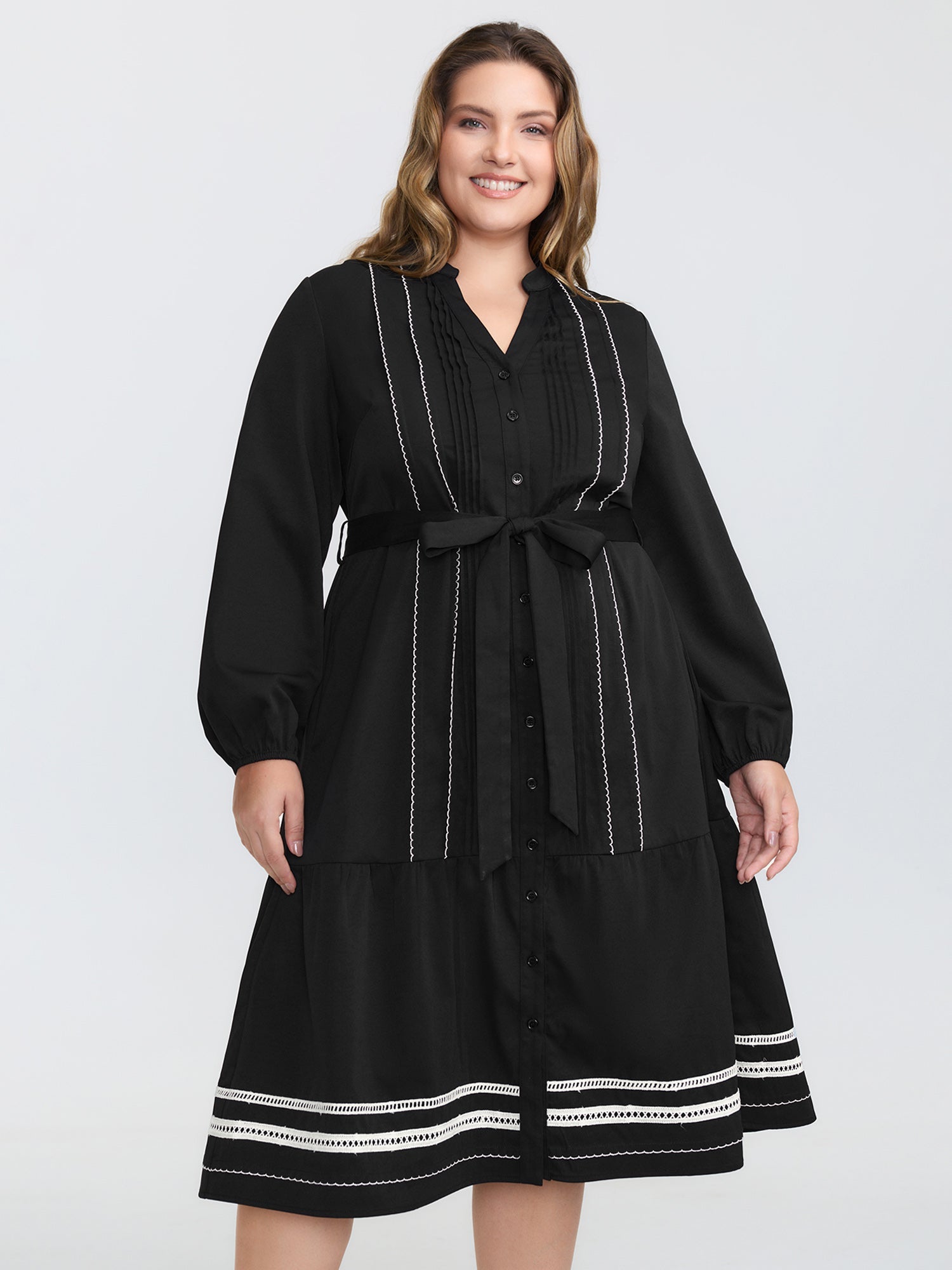 Button Front Belted Stitch Detail Midi Dress