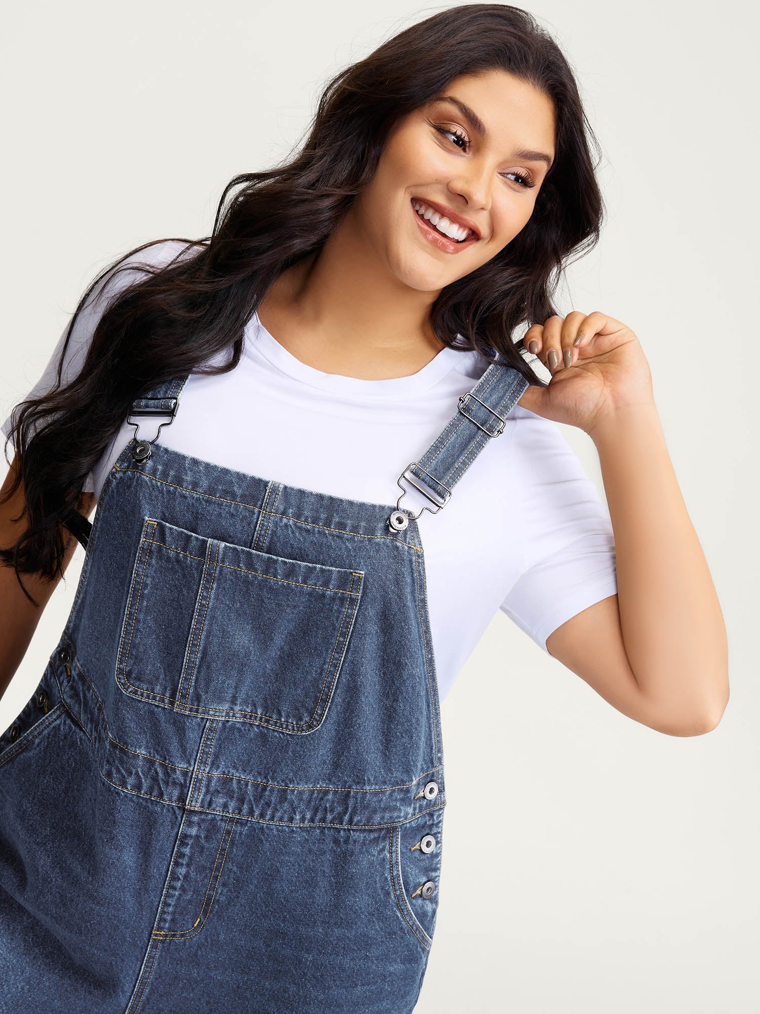 Cotton Relaxed-Fit Side Button Overall Denim Jumpsuit