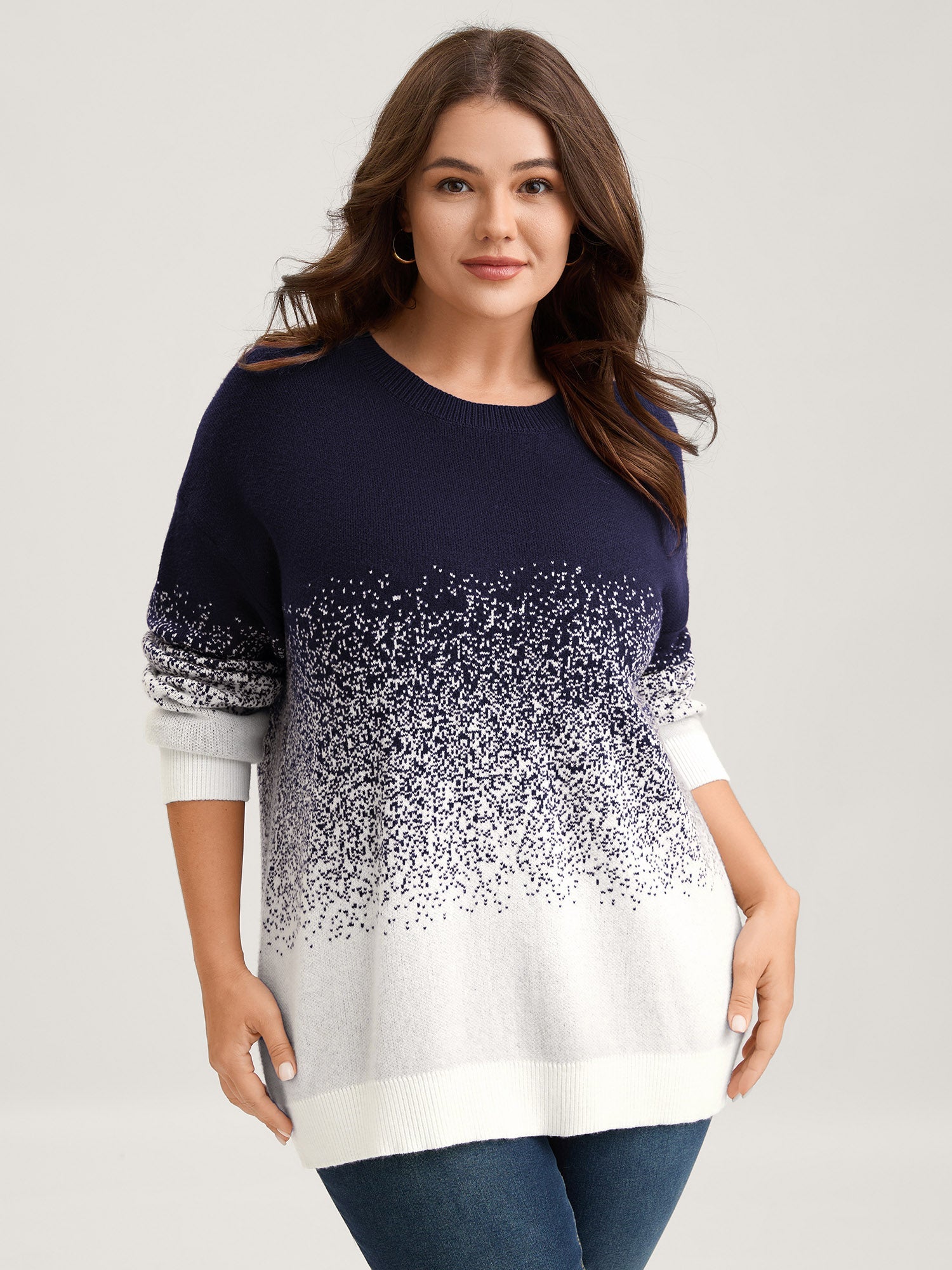 Jacquard Color Blend Ribbed Hem Pullover