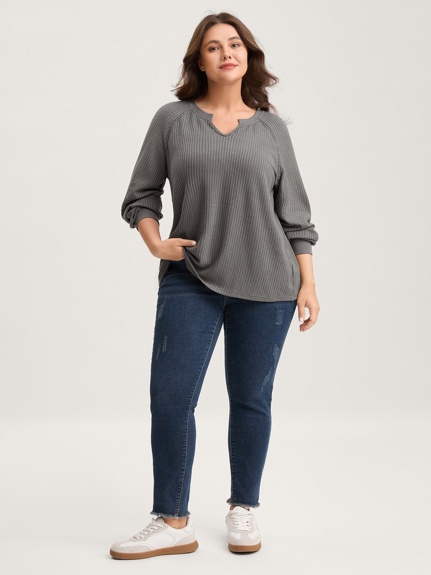 Waffle Grid Notched Collar Lace Sweatshirt