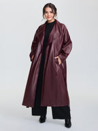 Artificial Leather Belted Waist Long Coat