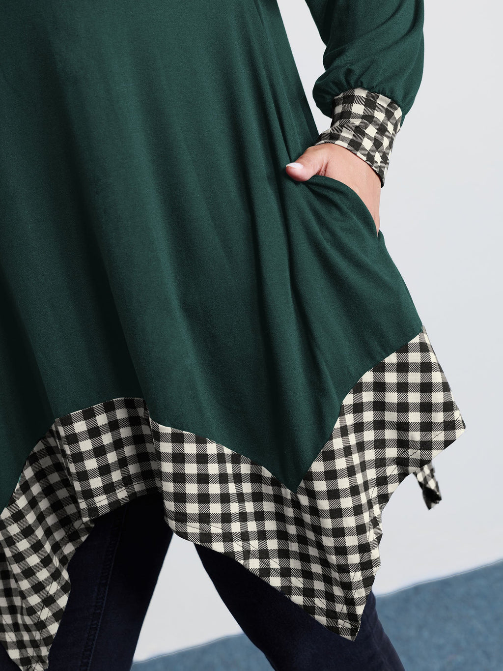 Supersoft Stretchy Checkered Asymmetrical Hem T-Shirt