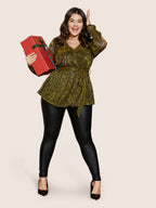 Sequin Mesh Lantern Sleeve Wrap Belted Striped Blouse