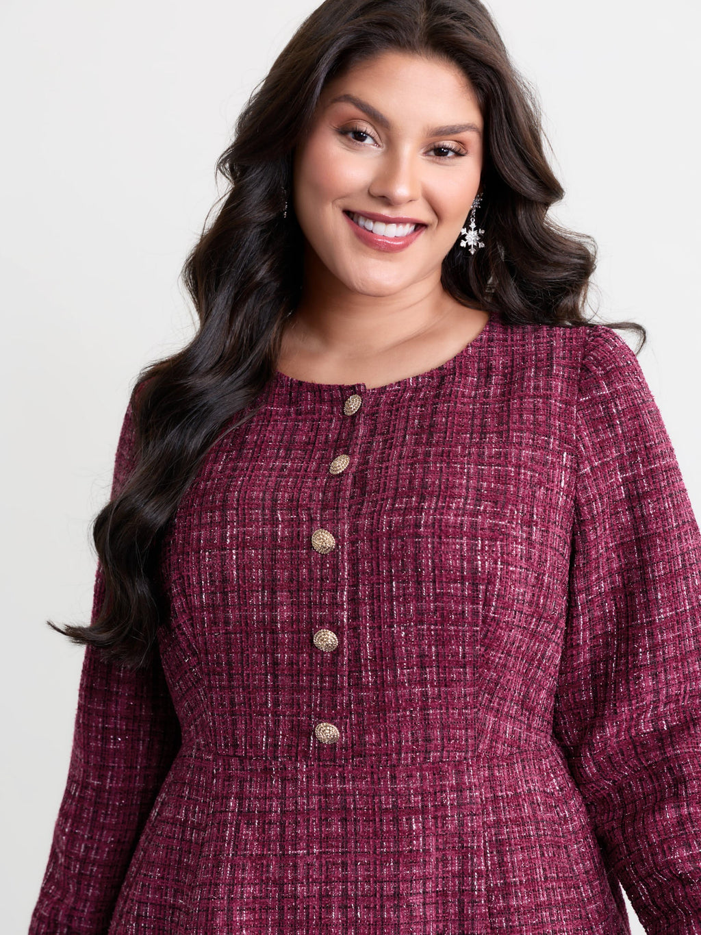 Tweed Metal Button Stretchy Waist Knee Dress