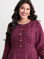 Tweed Metal Button Stretchy Waist Knee Dress