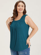 Heather Plicated Detail Square Neck Tank Top