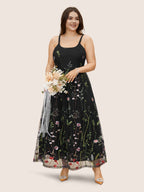 U Neck Floral Embroidered Mesh Cami Dress