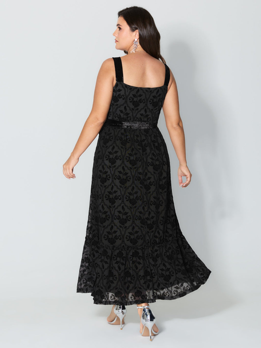 Flocked Spliced Velvety Tie Midi Dress