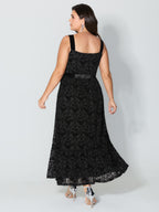 Flocked Spliced Velvety Tie Midi Dress