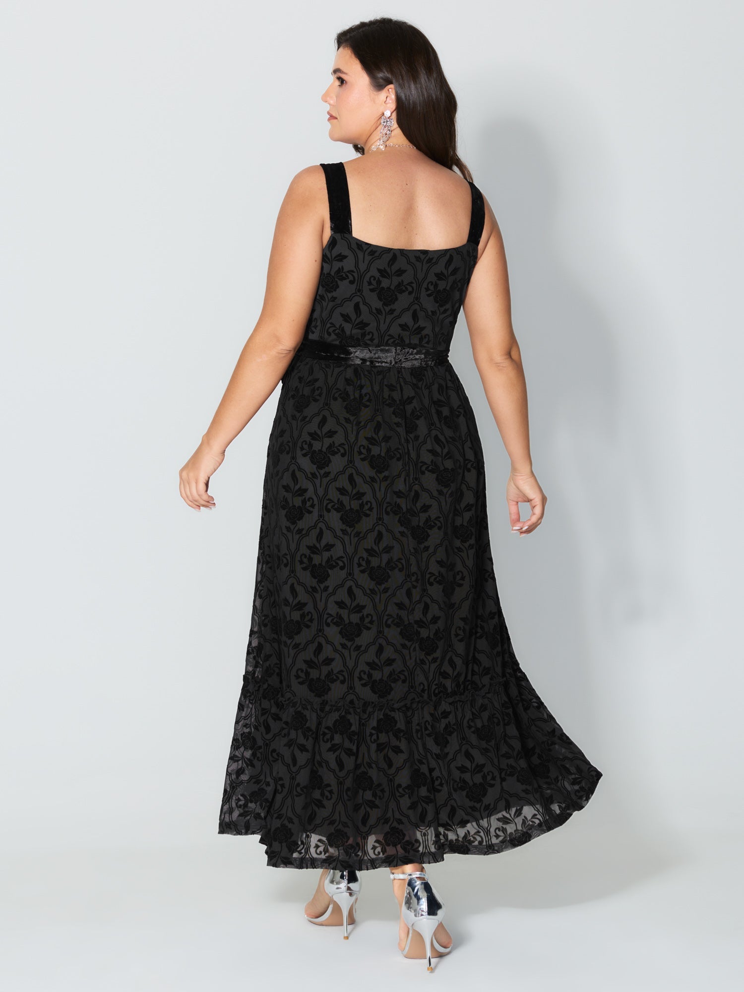 Flocked Spliced Velvety Tie Midi Dress