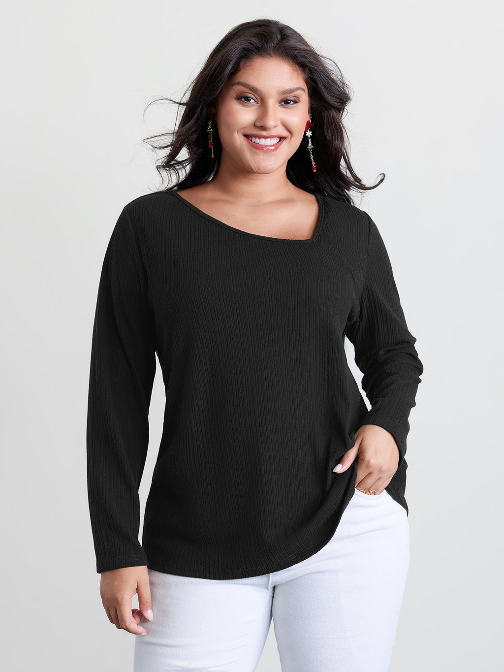 Super Stretchy Ribbed Asymmetrical Neck T-Shirt