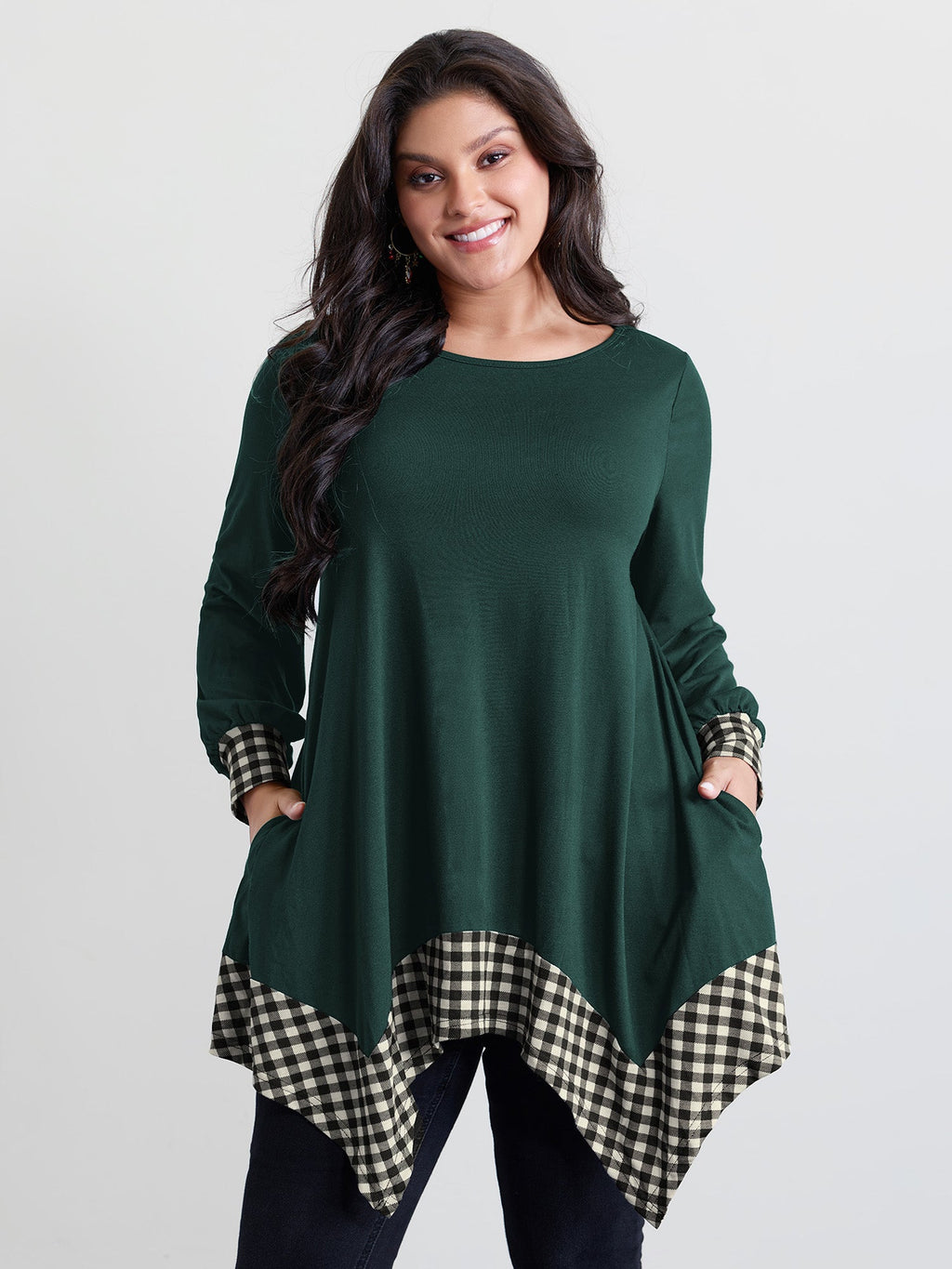 Supersoft Stretchy Checkered Asymmetrical Hem T-Shirt