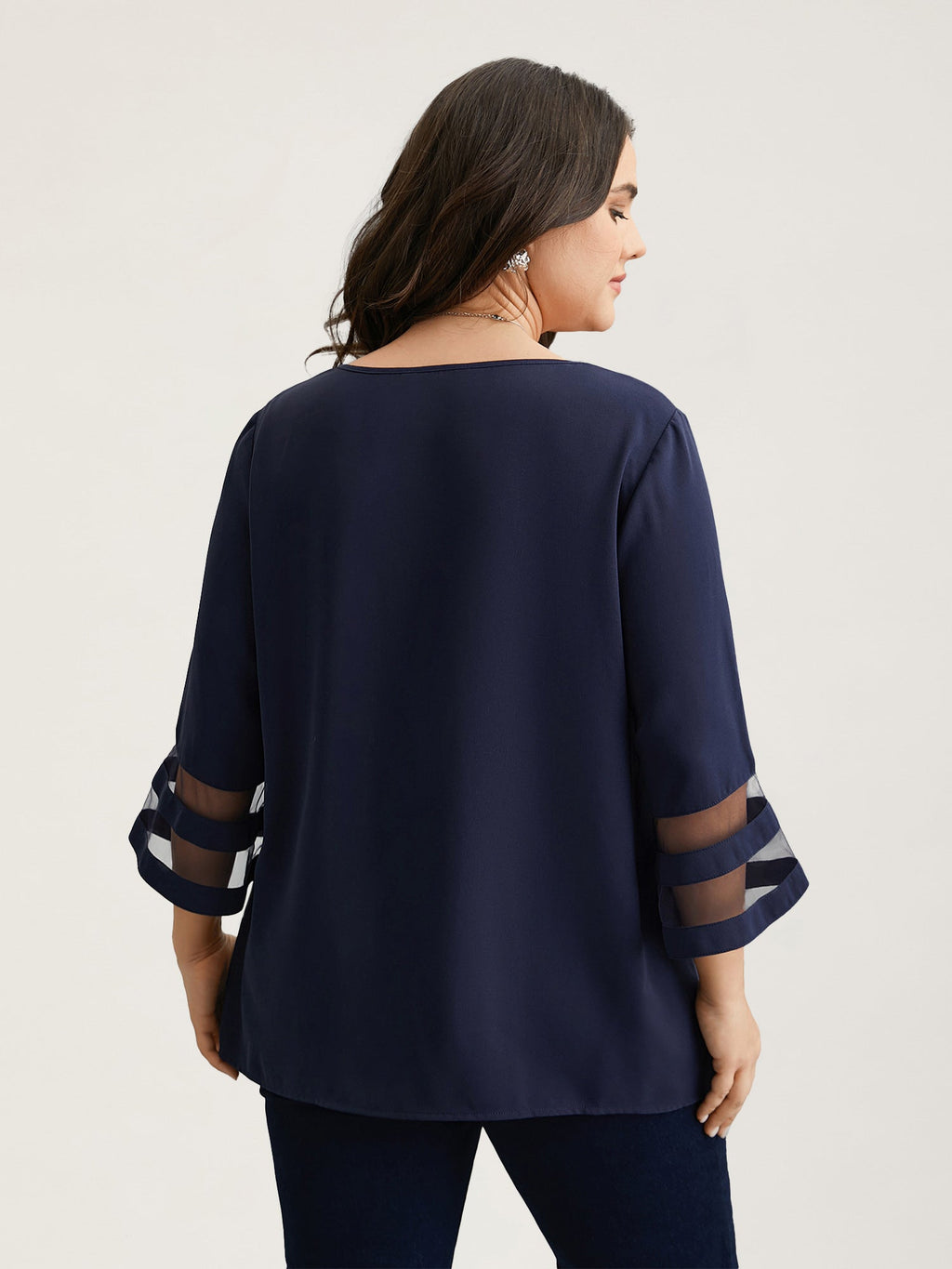 Sheer Sleeve Patchwork Asymmetrical Neckline Blouse