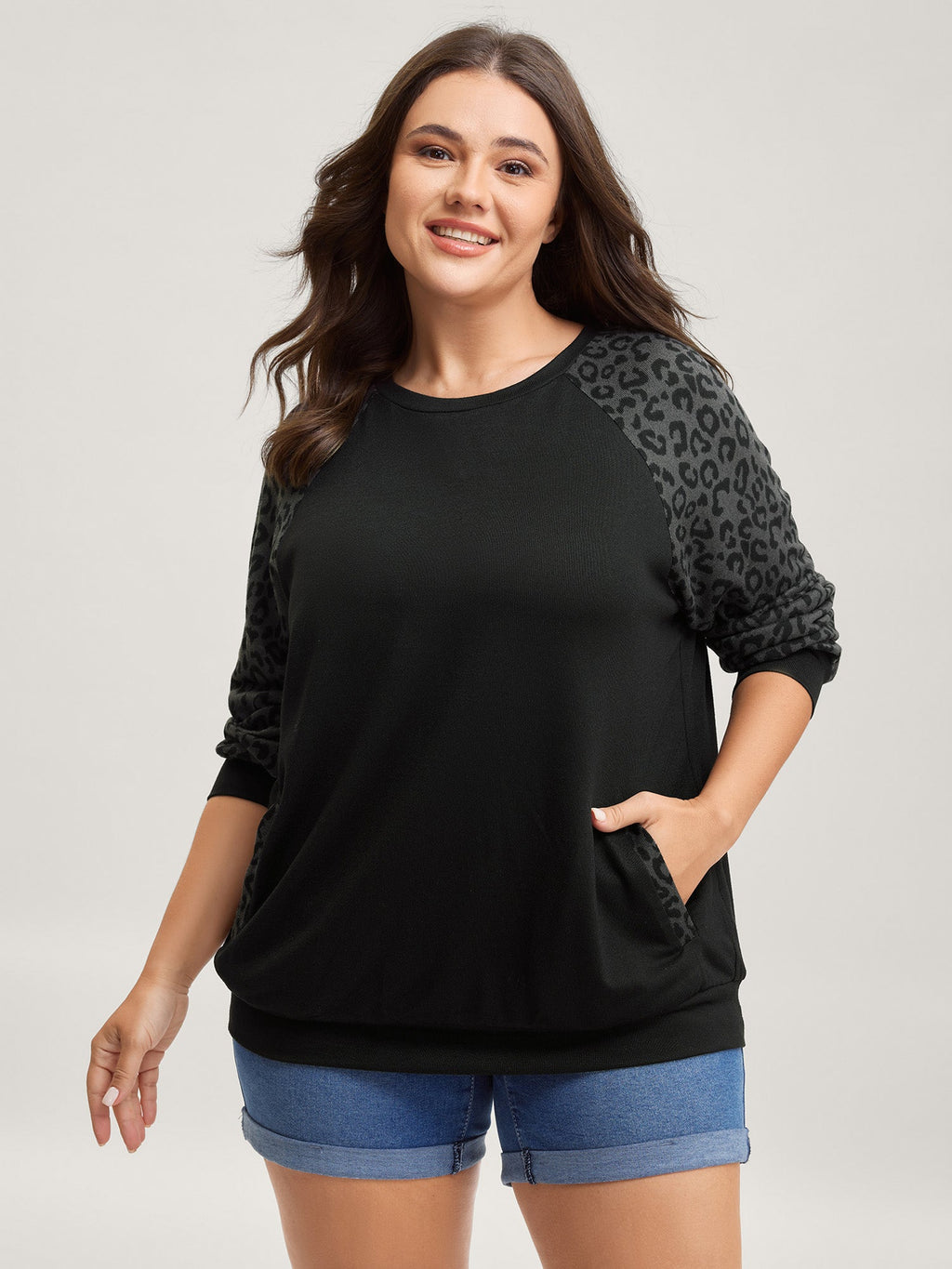 Leopard Print Spliced Pockets Sweatshirt