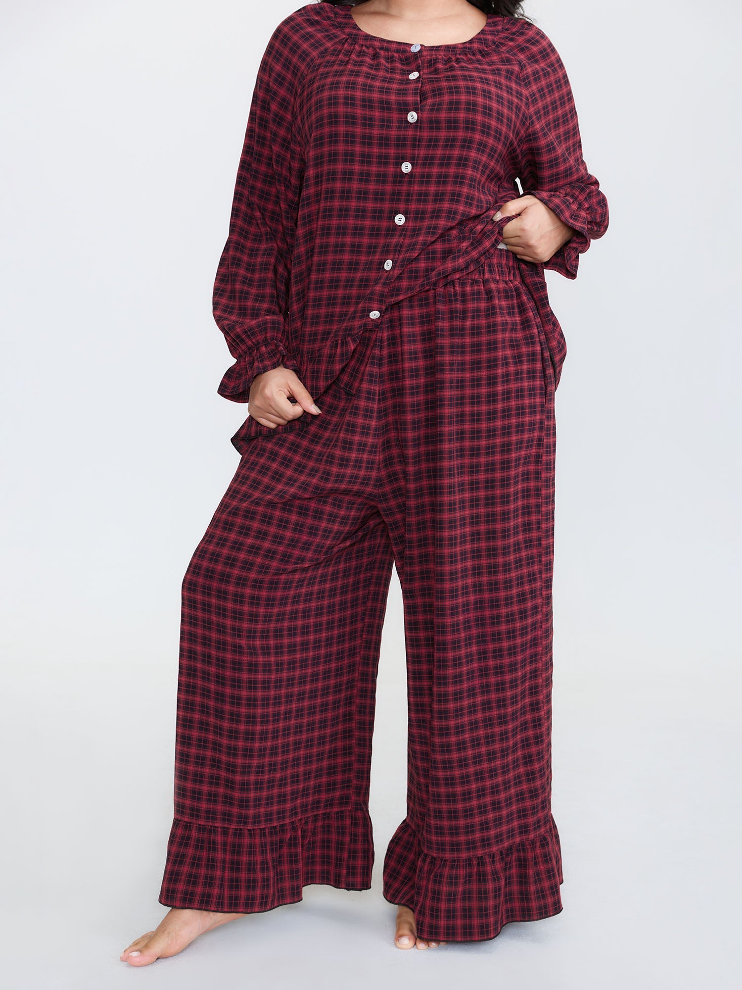 Gingham Ruffled Hem Loungewear Set