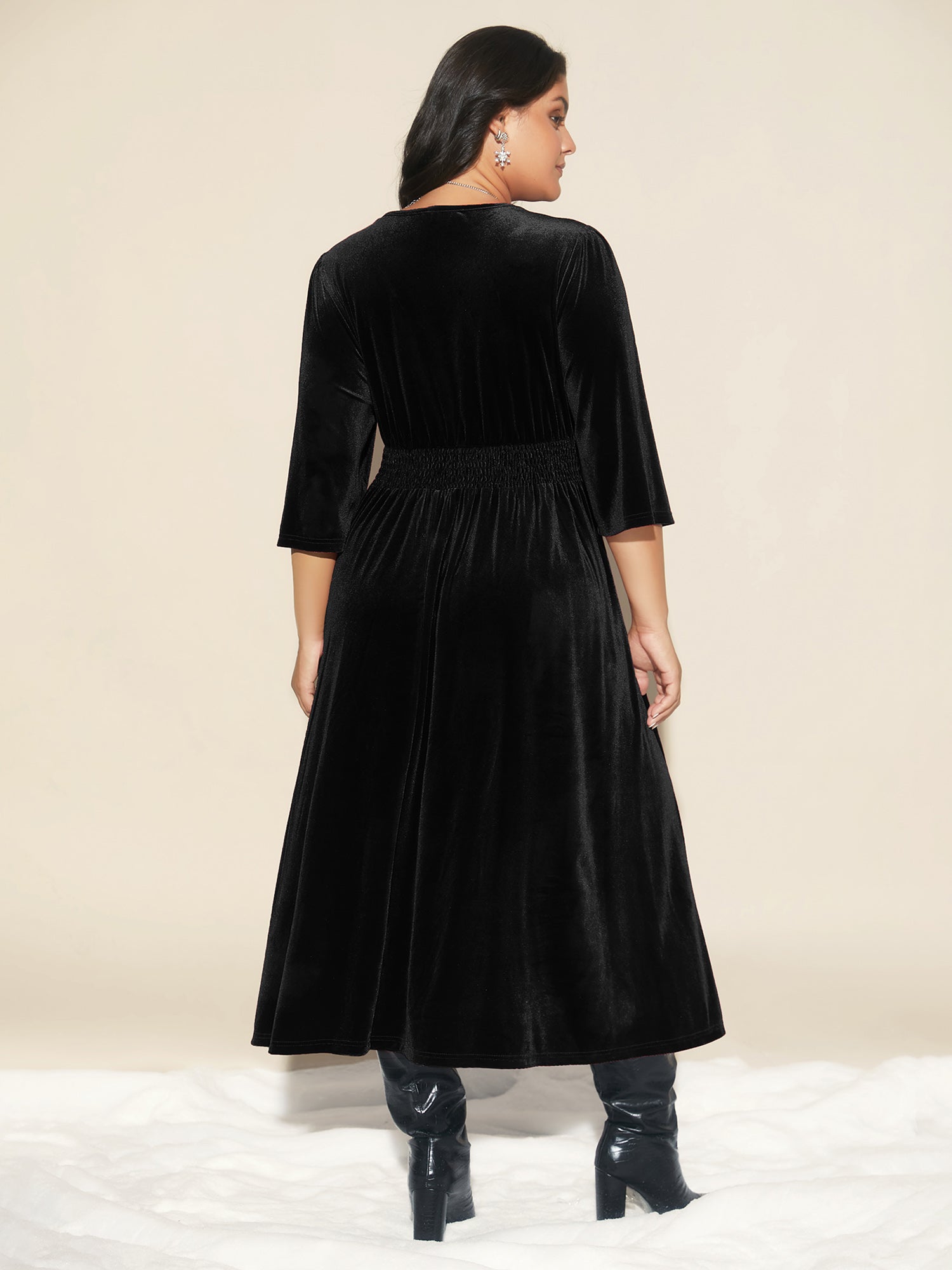 Velvet Ruched Surplice Neckline Midi Dress