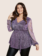 Sequin Mesh Lantern Sleeve Wrap Belted Striped Blouse