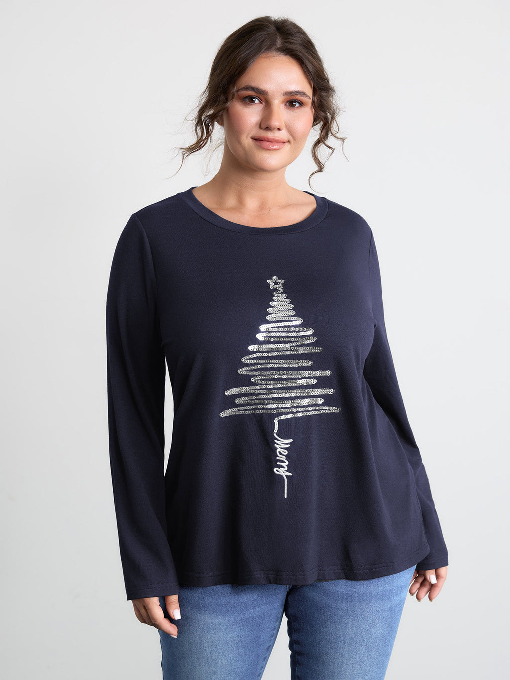 Sequin Cord Embroidered Tree Round Neck T-Shirt