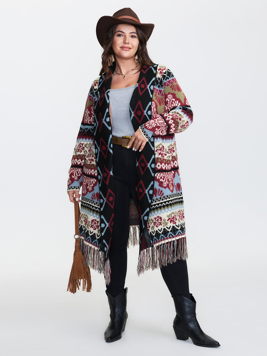 Fair-Isle Pattern Jacquard Fringes Knit Cardigan