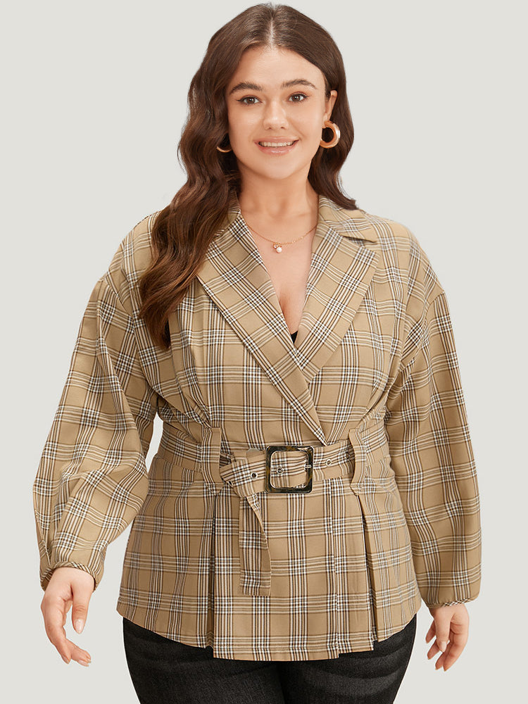 Plaid Metal Buckle Detail Pleated Coat
