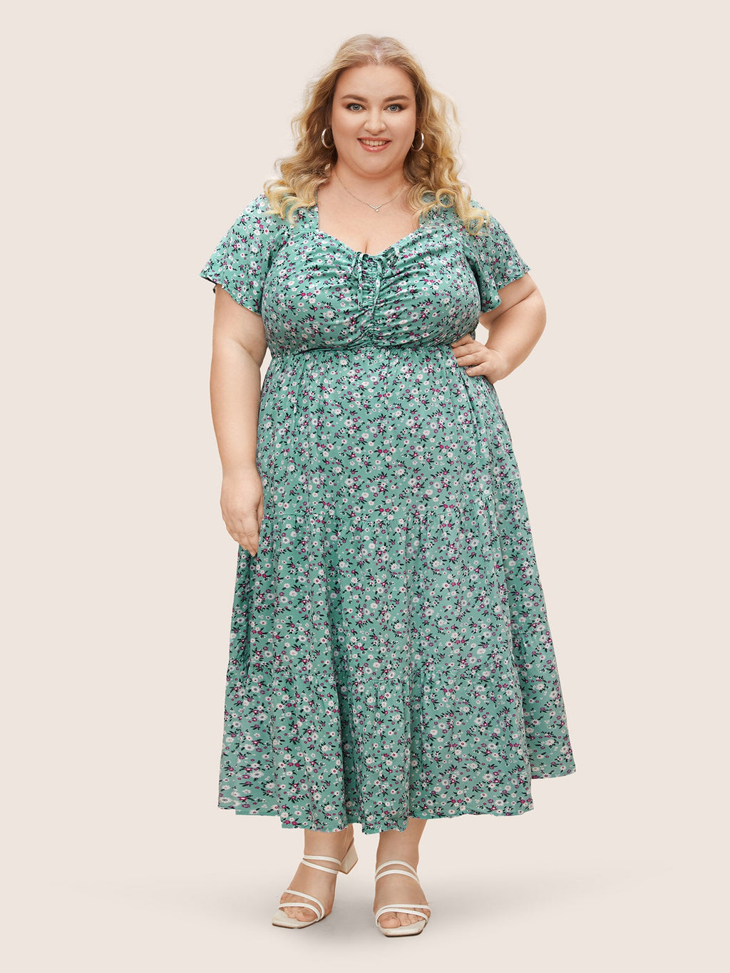 Ditsy Floral Sweetheart Drawstring Pocket Tiered Dress