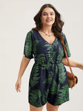 Tropical Leaf Print Pockets Button Romper