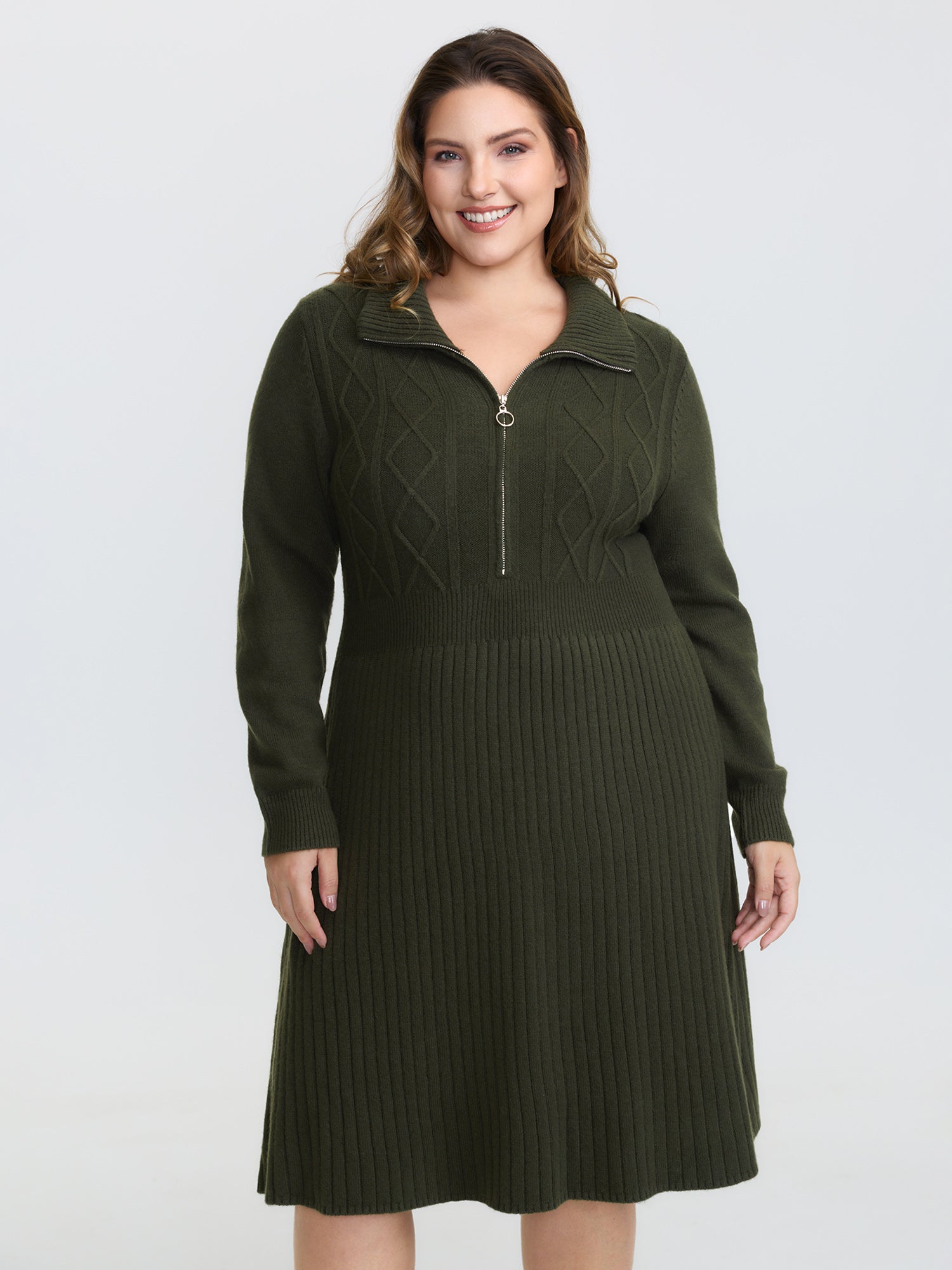 Zipper Front Fit and Flare Midi Sweater Dress