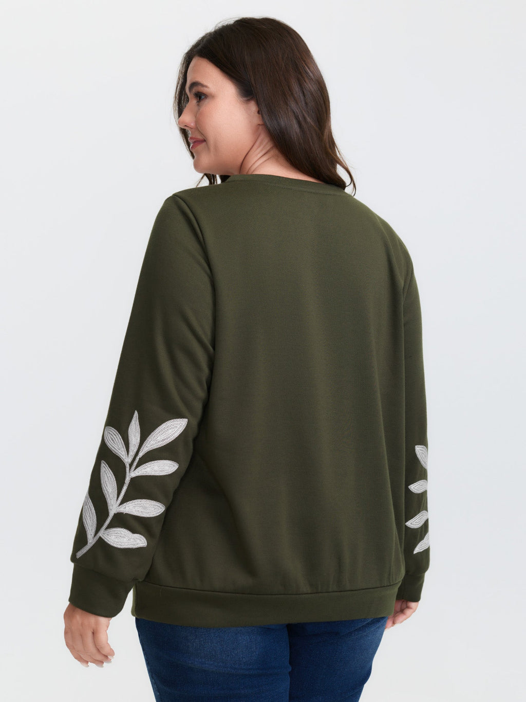Leaf Embroidered Sleeve Round Neck Sweatshirt