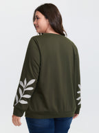 Leaf Embroidered Sleeve Round Neck Sweatshirt