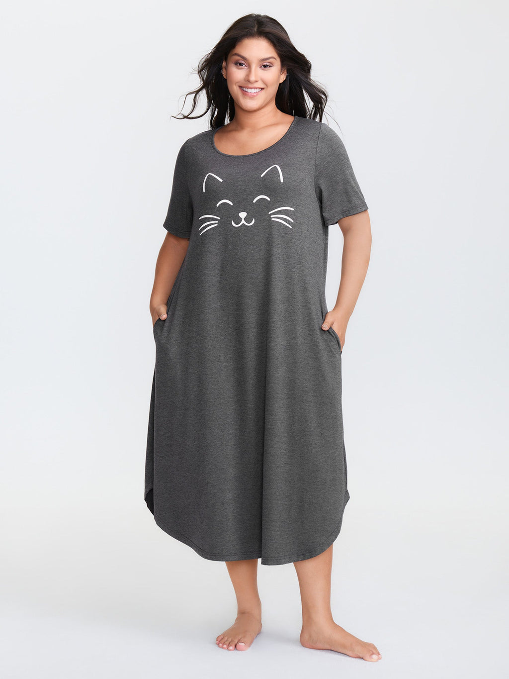 Happy Cat Print Stretchy Contrast Sleep Dress