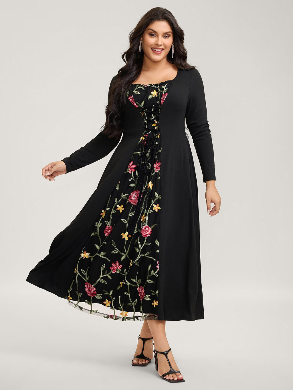Floral Waist-Tie Contrast Maxi Dress