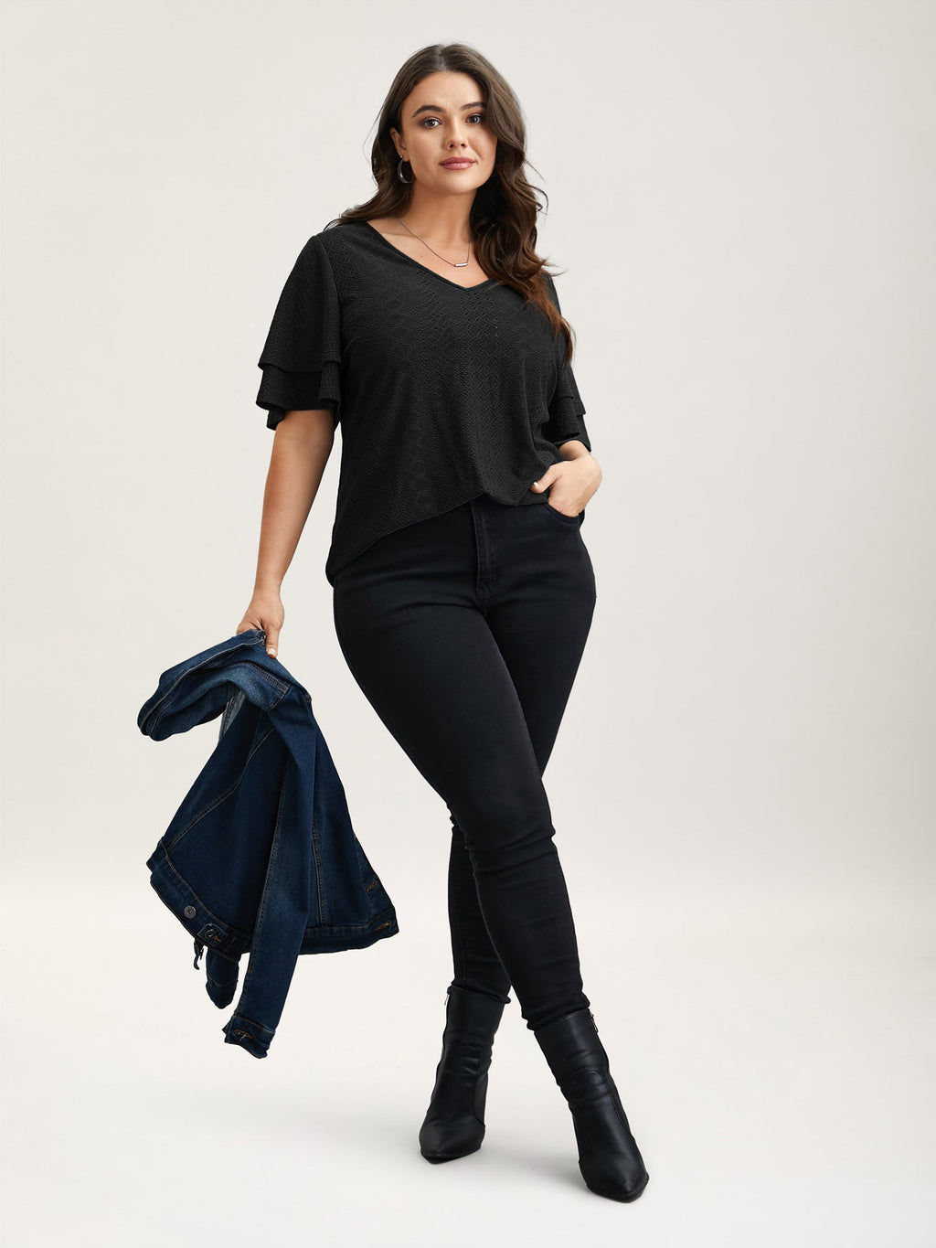 Jacquard Textured Lotus Leaf Sleeve Top