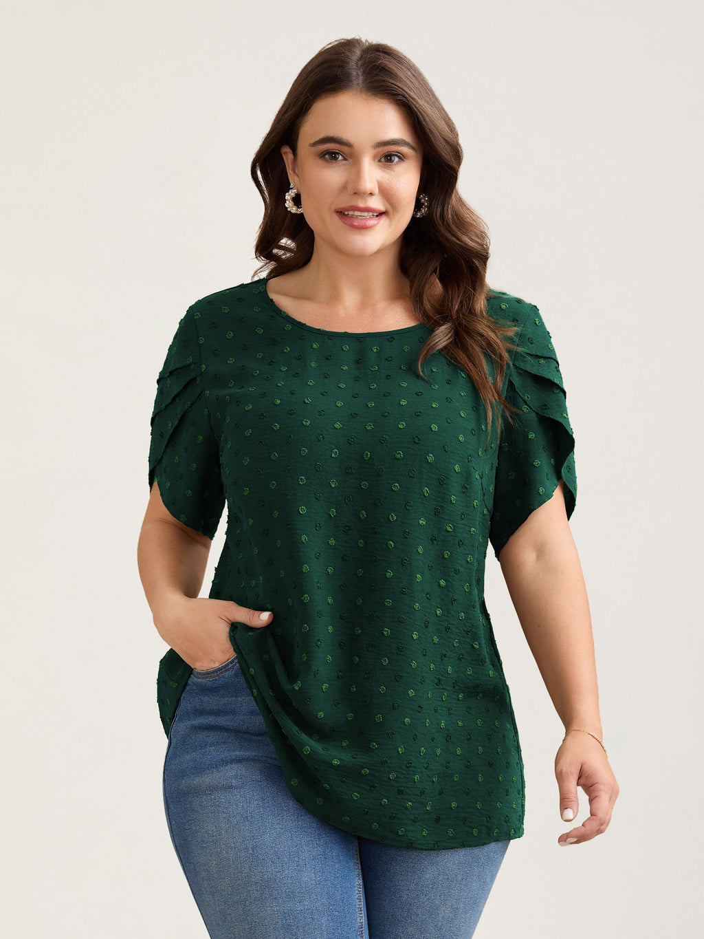 Textured Color Contrast Petal Sleeve Blouse