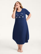 Happy Cat Print Stretchy Contrast Sleep Dress
