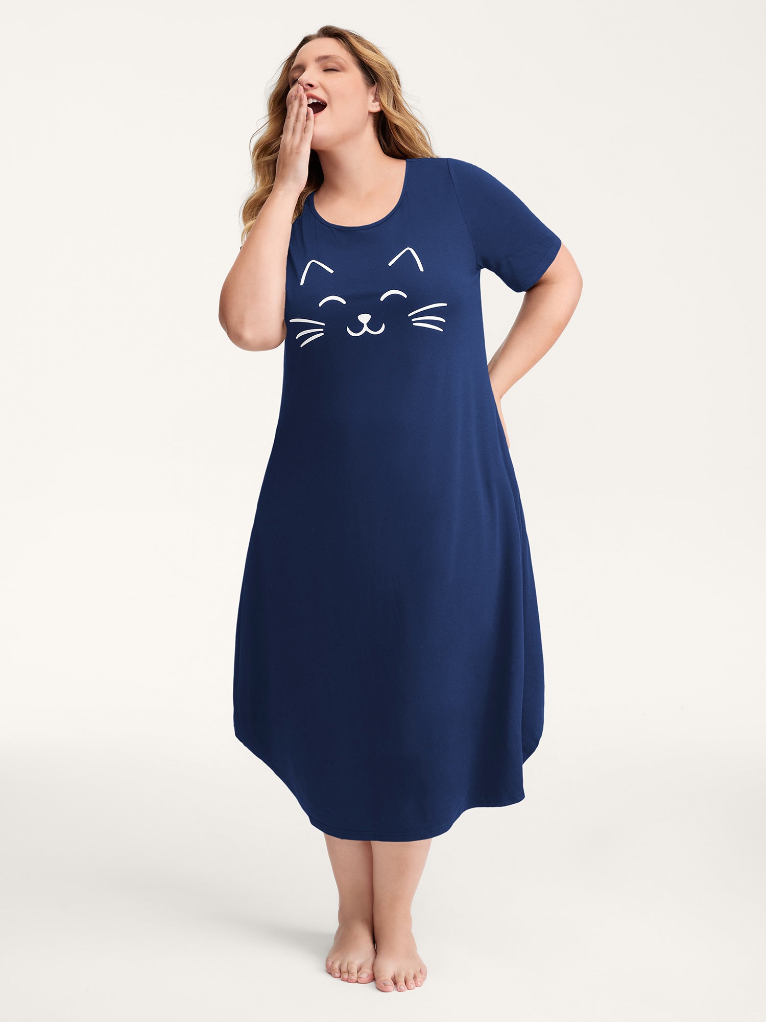 Happy Cat Print Stretchy Contrast Sleep Dress