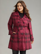 Lapel Collar Plaid Belted Double Breasted Coat