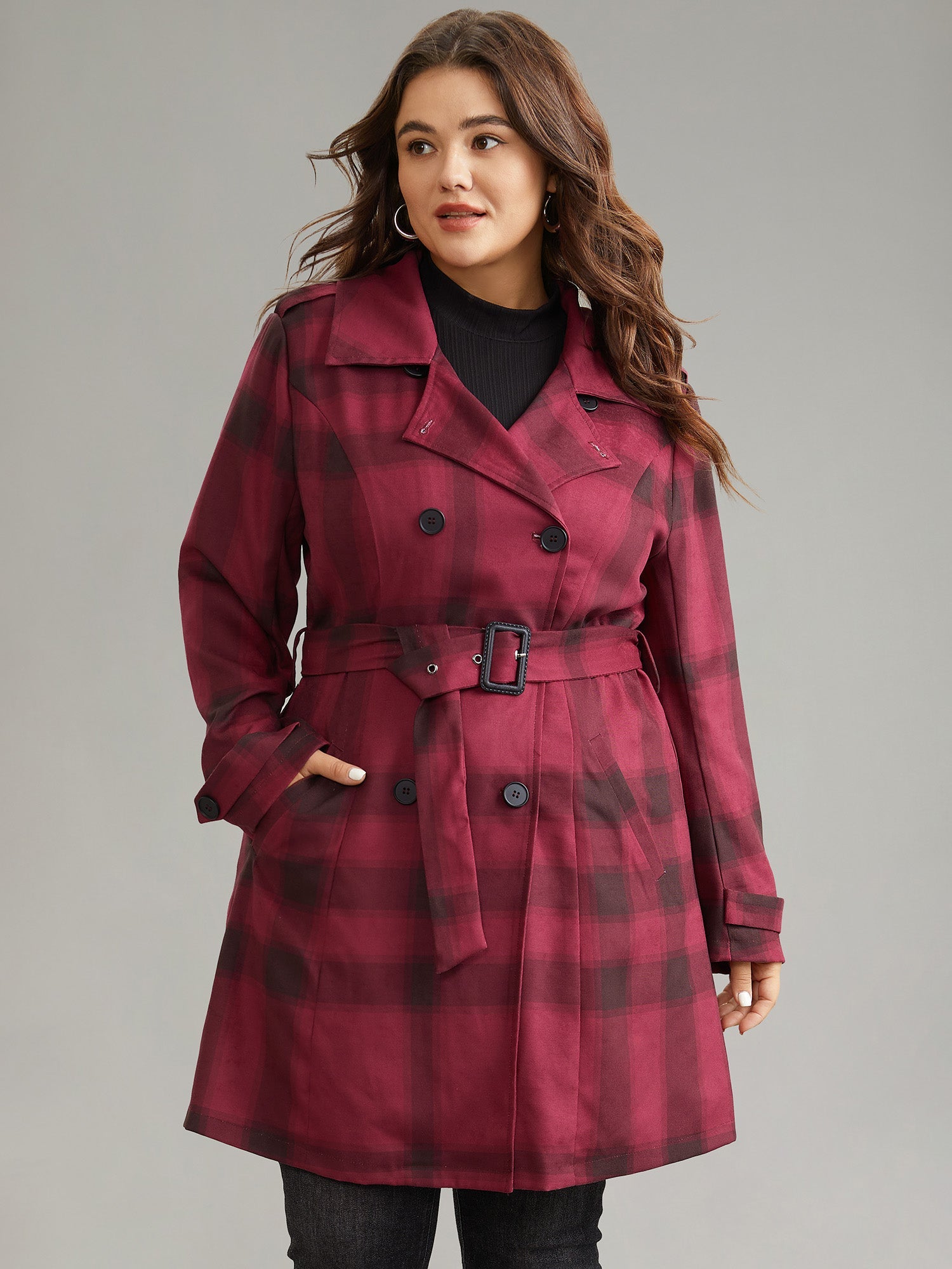 Lapel Collar Plaid Belted Double Breasted Coat